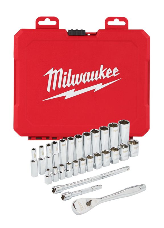 Набір головок торцевих хромованих метричних ¼” MILWAUKEE, з коміром (28шт)
