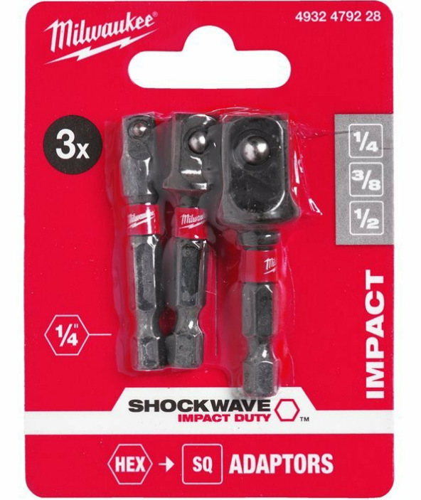 Набор переходников ShW MILWAUKEE, з 1/4'' Hex на квадрат (1/4", 3/8", 1/2")