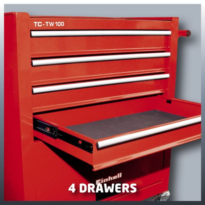 Ящик для інструменту, Einhell TC-TW 100, 4 висувні шухляди (70 мм), відсік для зберігання, 75 кг макс, 670 x 376 x 708 мм