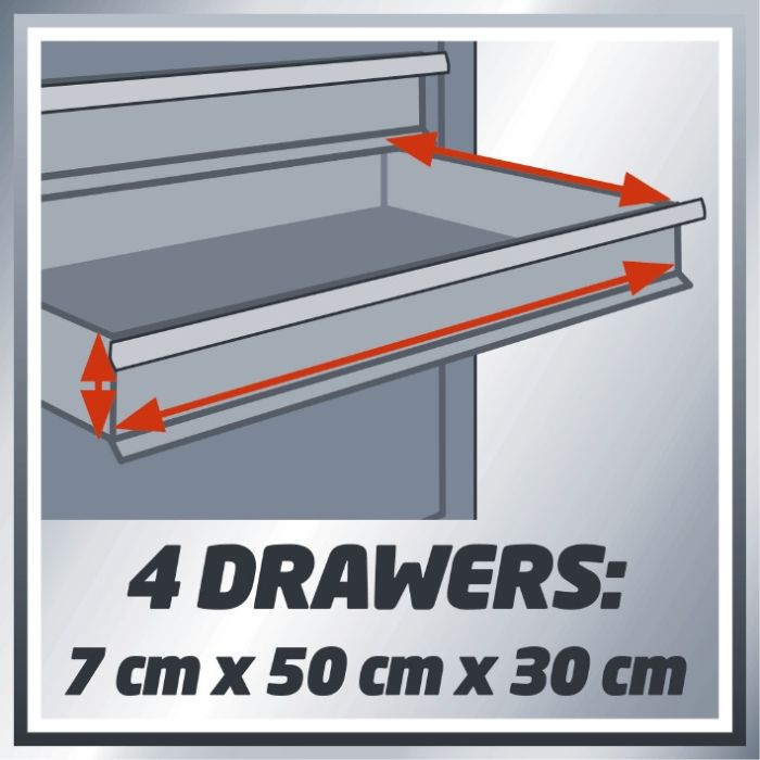 Ящик для інструменту, Einhell TC-TW 100, 4 висувні шухляди (70 мм), відсік для зберігання, 75 кг макс, 670 x 376 x 708 мм