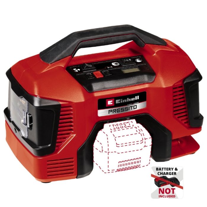 Компресор акумуляторний Einhell PRESSITO 18/21 (4020467) 18 В для авто, велосипеда, м'ячів і матраців. 10,5 бар, 3 адаптери, автостоп