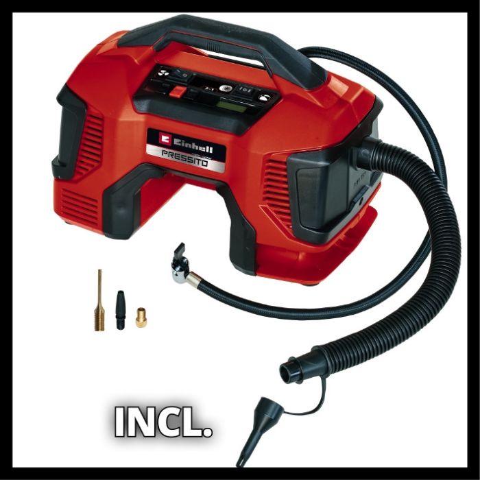 Компресор акумуляторний Einhell PRESSITO 18/21 (4020467) 18 В для авто, велосипеда, м'ячів і матраців. 10,5 бар, 3 адаптери, автостоп