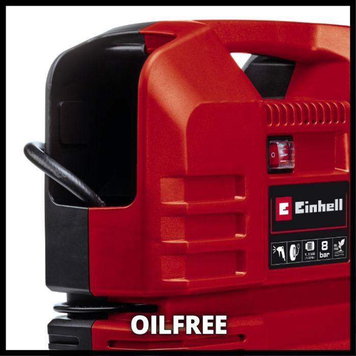 Компресор повітряний, Einhell TC-AC 190 OF Set (4020660) 1100 Вт, 190 л/хв, 8 бар, без ресивера, безмасляний, + пістолет, шланг і насадки