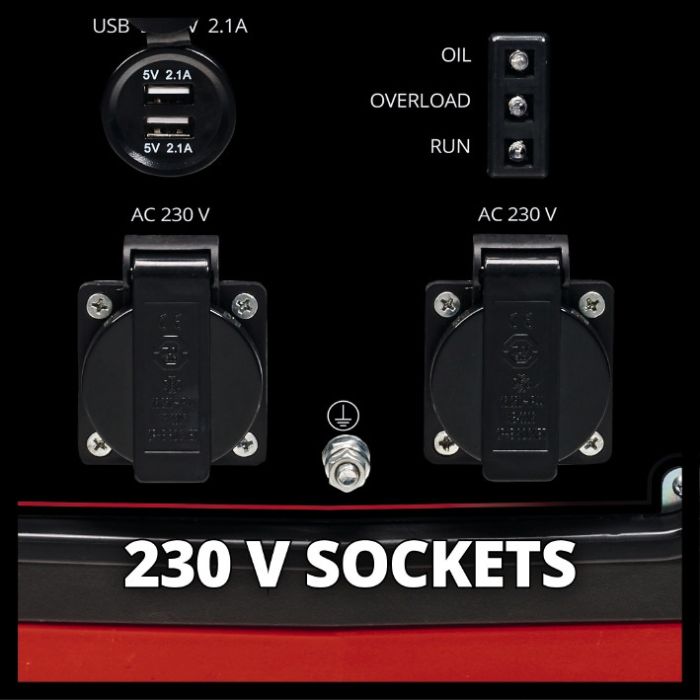 Генератор бензиновий інверторний, 2000 Вт, 4-тактний, бак 4 л, макс. потужність 2,4 кВт, синхронний, номінальний струм 7.8 А, 2х230В+2хUSB