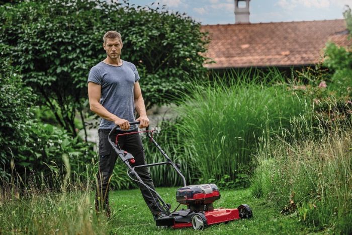 Газонокосарка акумуляторна Einhell GE-CM 36/48 Li M,  (3413054) X-Change (без акум), 36В, безщітковий двигун, вис. 30-75 мм, шир. 480 мм, мульчування, без травозбірника, 4 слоти для акумуляторів