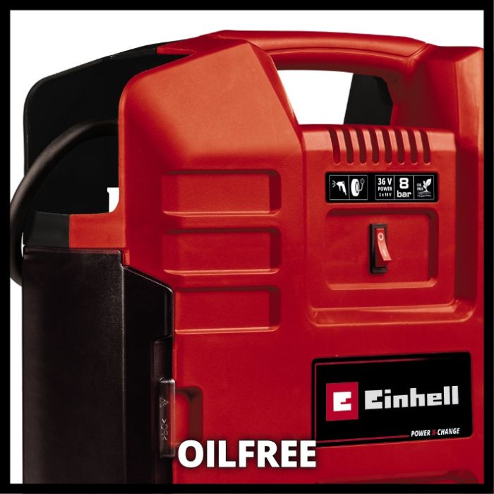 Компресор акумуляторний Einhell TE-AC 36/8 Li OF  (4020440)  X-Change (без акум.), 36В, в формі валізи, 130 л/хв, безмасляний,  + пістолет і шланг 2.5м + кінцевики