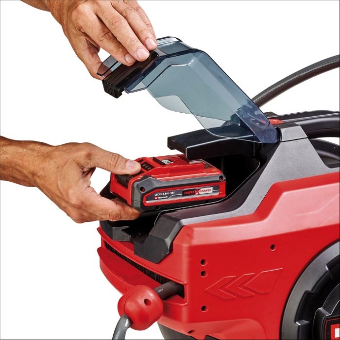 Котушка для шланга акумуляторна Einhell GE-HR 18/30 Li-Solo (без АКБ та ЗП)  X-Change , 18В, шланг 30м (1/2"), шланг під'єднання 1.5м, до 8 бар, настінний тримач, розпилювач і адаптери в комплекті