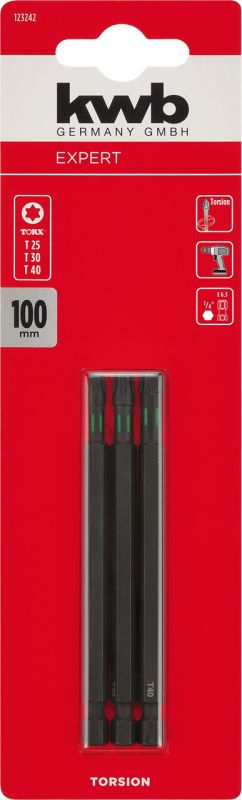 Набор торсионных бит 100 мм, Torx T25/30/40, 3 шт, KWB (123242)