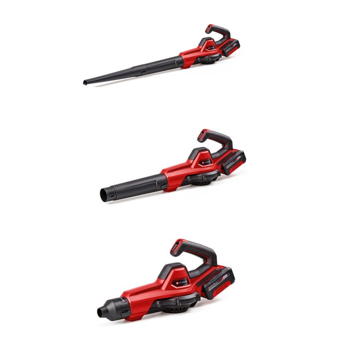 Повітродувка акумуляторна Einhell GE-UB 18/250 Li E  X-Change, 18В, акумулятор 4 Аг, 15000 об/хв, видування 250 км/год, 120 м3/год, електронне регулювання швидкості, 3 трубки-насадки