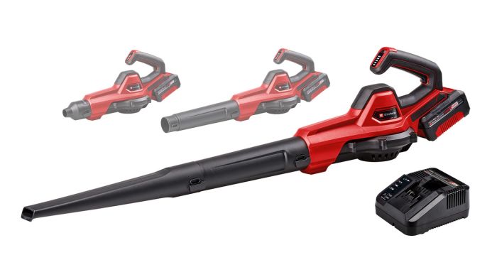 Повітродувка акумуляторна Einhell GE-UB 18/250 Li E  X-Change, 18В, акумулятор 4 Аг, 15000 об/хв, видування 250 км/год, 120 м3/год, електронне регулювання швидкості, 3 трубки-насадки