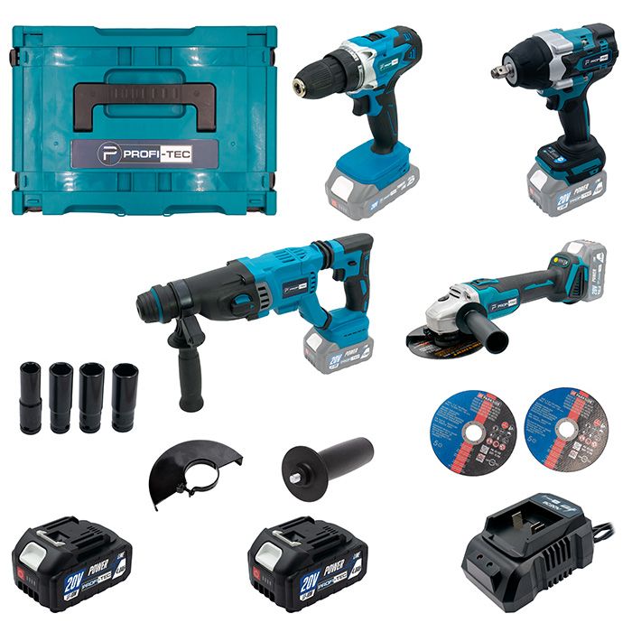 Акумуляторний набір інструментів PROFI-TEC Combo Set 4/4 POWERLine (PBH201BL, DTW800BL, DGA20BL, PCD2820V) (2×PT2040MP (4.0 Аг), зарядний пристрій)