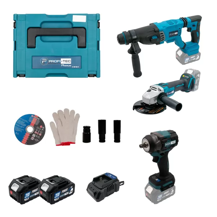 Аккумуляторный набор инструментов PROFI-TEC Combo Set 3/7 POWERLine (PBH201, DGA20BL, PTW502) (2×PT2040MP (4.0 Ач), зарядное устройство)