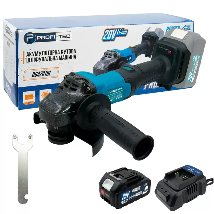 Аккумуляторная угловая шлифовальная машина PROFI-TEC DGA201BL POWERLine (1×PT2040MP (4.0 Ач), зарядное устройство)