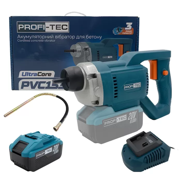 Акумуляторний вібратор для  бетону PROFI-TEC PCV1535 (1×PT2080EP (8.0 Аг), зарядний пристрій)
