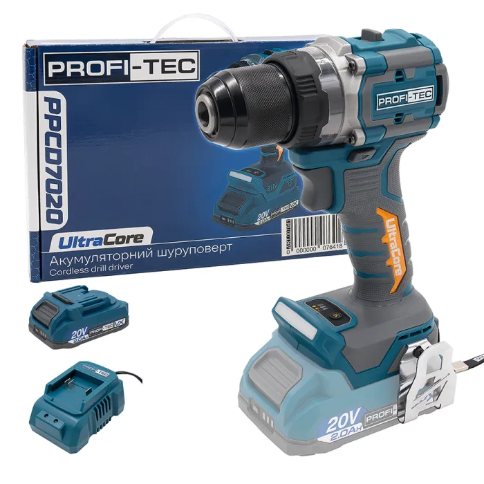 Акумуляторний дриль-шуруповерт PROFI-TEC PPCD7020 UltraCore (1×PT2020VX (2.0 Аг), зарядний пристрій)