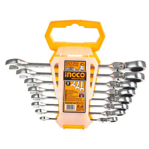 Набір ключів гайкових комбінованих храпових гнучких 8–19 мм 8 шт. INGCO INDUSTRIAL