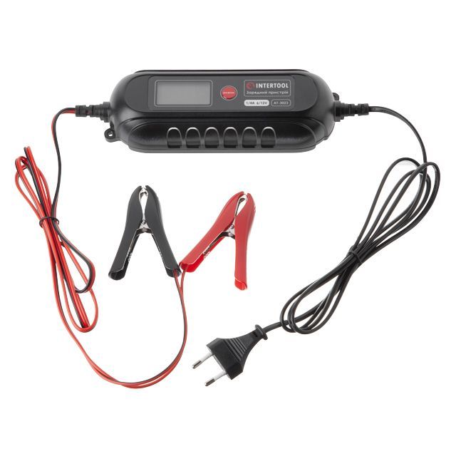 Зарядное устройство 6/12 В, 0.8/3.8 А, 230 В, зимний режим зарядки, дисплей, максимальная емкость заряжаемого аккумулятора 1.2-120 А/ч INTERTOOL AT-3023
