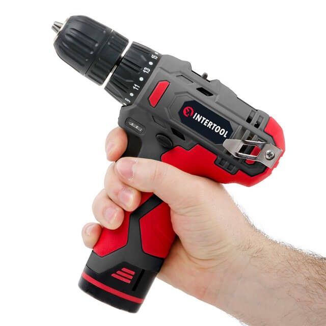 Дрель-шуруповерт аккумуляторная 12 В, 30 Нм, 0-350/0-1300 об/мин, 0.8-10 мм, литий-ион, 1.5 Ач INTERTOOL DT-0310