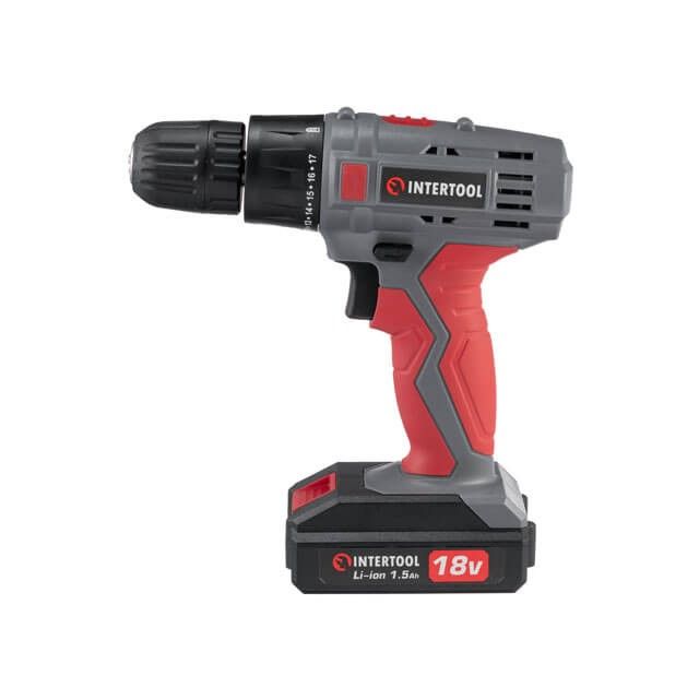 Дрель-шуруповерт аккумуляторная 18 В, 17 Нм, 0-700 об/мин, 0.8-10 мм, Li-Ion, 1.5 Ач INTERTOOL DT-0315