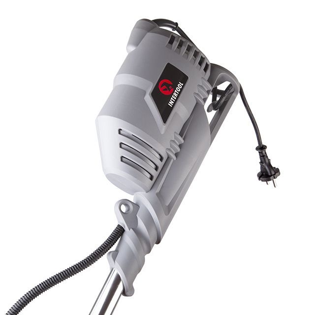 Триммер электрический, 1400 Вт, 230 В~50 Гц, 7500 об/мин, плавный пуск,рем.привод, диаметр вращения диска/лески 255/420 мм, катушка + 3-х зубчатый нож INTERTOOL DT-2258