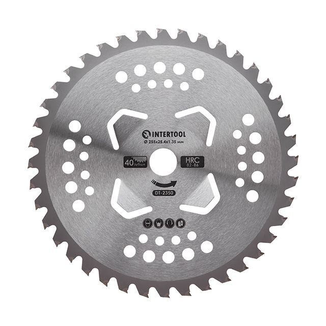 Нож для мотокосы/триммера с твердосплавными напайками ø255 мм, 40T, 4 подрезных лопасти INTERTOOL DT-2350