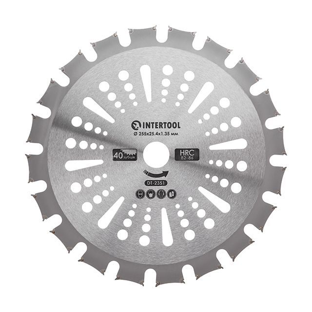 Нож для мотокосы/триммера с твердосплавными напайками ø255 мм, 40T, двусторонний INTERTOOL DT-2351
