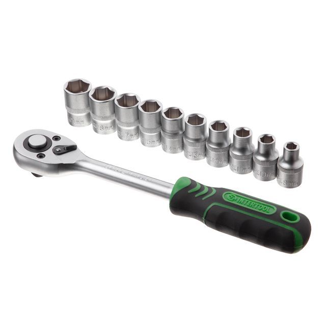 Набор головок 8-19 мм, 1/2", рукоятка с храповым механизмом, 10 ед. INTERTOOL ET-6013