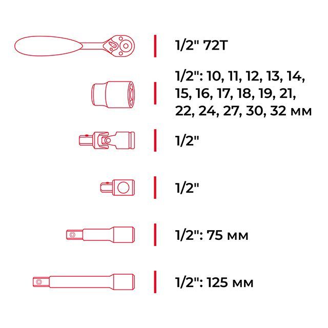Набор инструментов профессиональный 21ед., 1/2", Cr-V INTERTOOL ET-6021