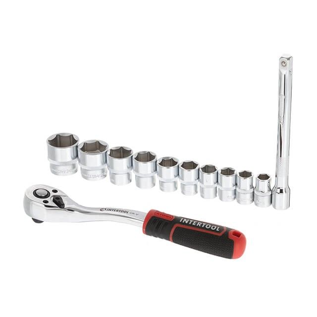 Набор головок STORM 3/8", 10-24 мм, удлинитель, рукоятка с храповым механизмом, 12 ед., Cr-V INTERTOOL ET-8013