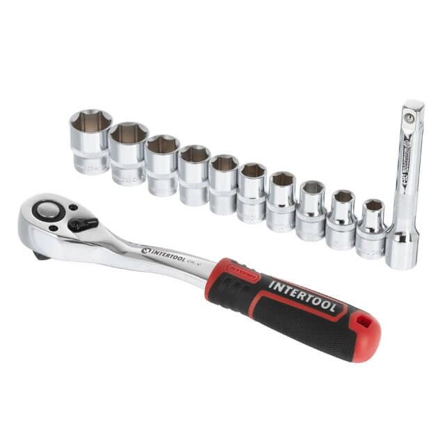 Набор головок STORM 1/2", 10-24 мм, удлинитель, рукоятка с храповым механизмом, 12 ед., Cr-V INTERTOOL ET-8014