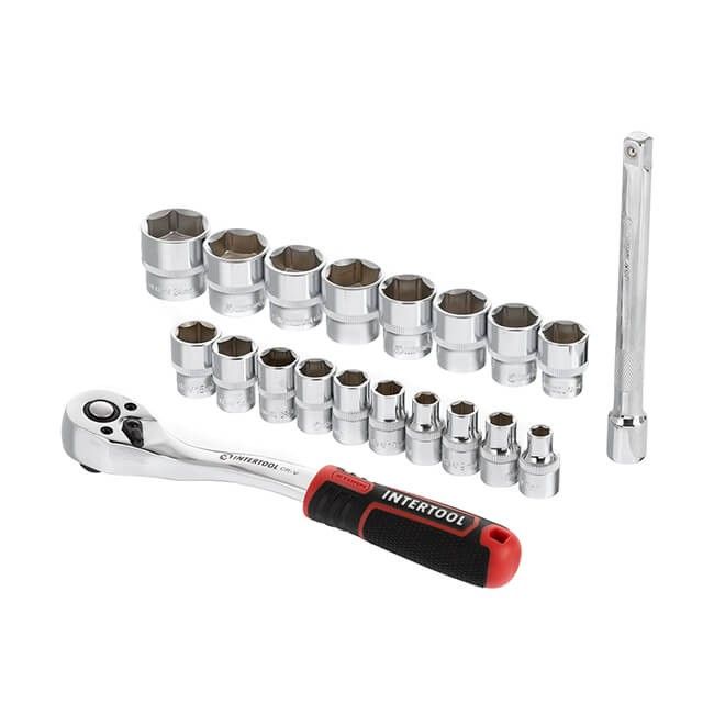 Набор головок STORM 3/8", 6-24 мм., удлинитель, рукоятка с храповым механизмом, 20 ед., Cr-V INTERTOOL ET-8015