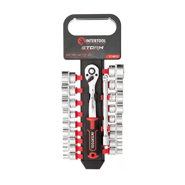 Набор головок STORM 3/8", 6-24 мм., удлинитель, рукоятка с храповым механизмом, 20 ед., Cr-V INTERTOOL ET-8015