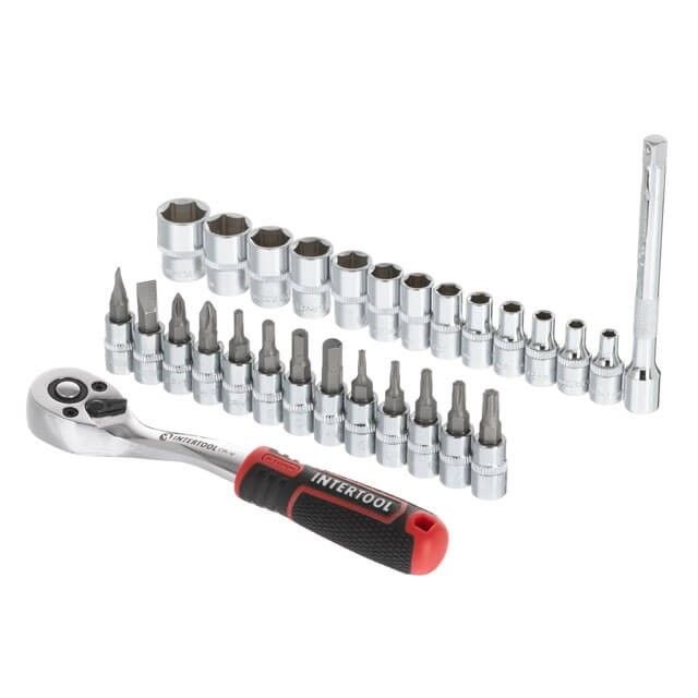 Набор головок STORM 1/4", 4-14 мм, головок-бит, удлинитель, рукоятка с храповым механизмом, 28 ед., Cr-V INTERTOOL ET-8018