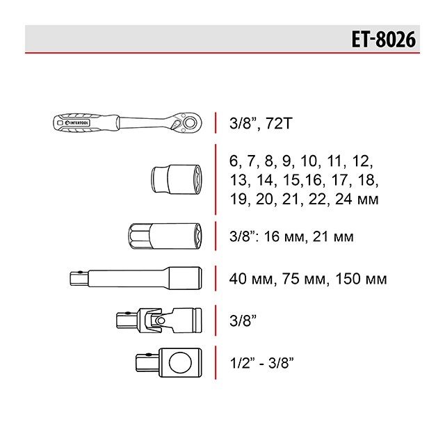 Набор инструментов 3/8", 26 ед., Cr-V STORM INTERTOOL ET-8026