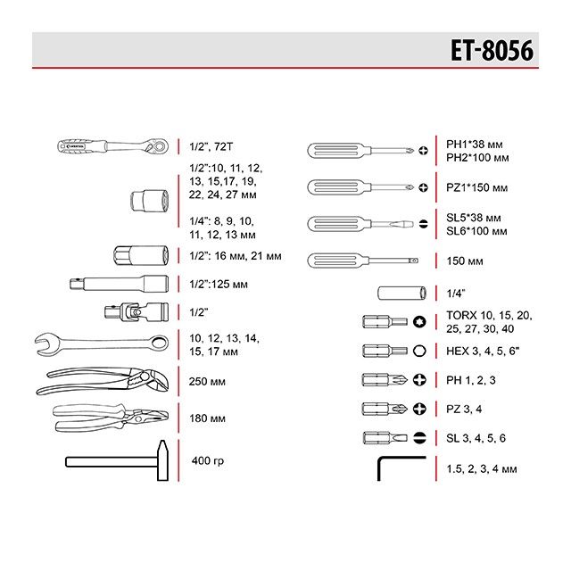 Набор инструментов 1/2" & 1/4", 56 ед., Cr-V STORM INTERTOOL ET-8056