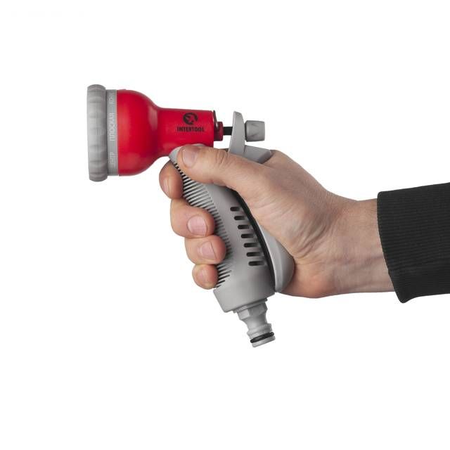 Пистолет-распылитель для полива, 8-ми функциональный (центральный, туман, душ, угловой, полный, ливень, конический, плоский). ABS, PP,TPR INTERTOOL GE-0001