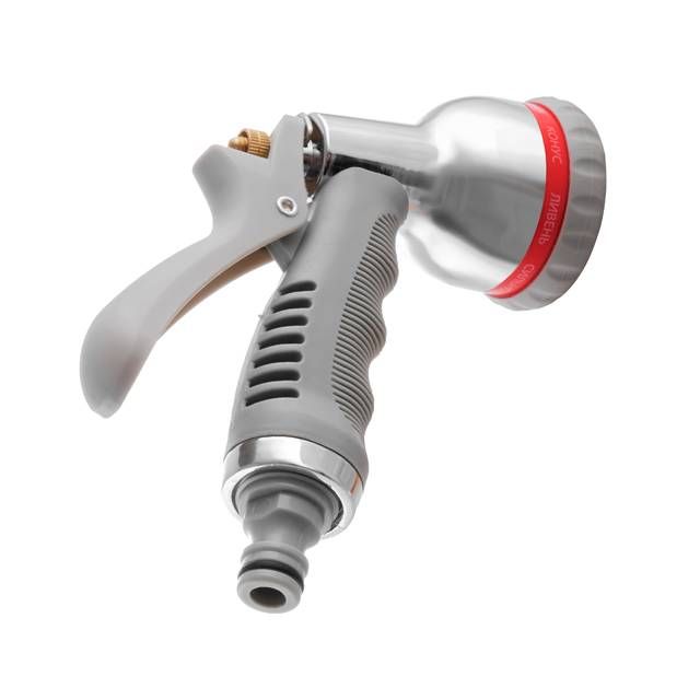 Пистолет-распылитель для полива хромированный, 8 функций (центральный, туман, душ, угловой, полный, проливной дождь, конический, плоский) ABS, PP, TPR, Zinc alloy INTERTOOL GE-0004