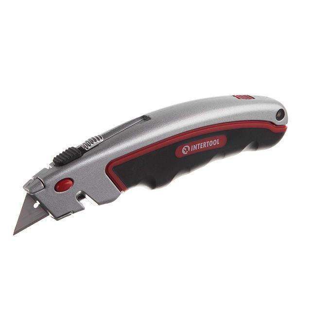 Нож трапецевидный 60*19мм, с выдвижным лезвием, металлический корпус, прорезиненная рукоятка INTERTOOL HT-0516