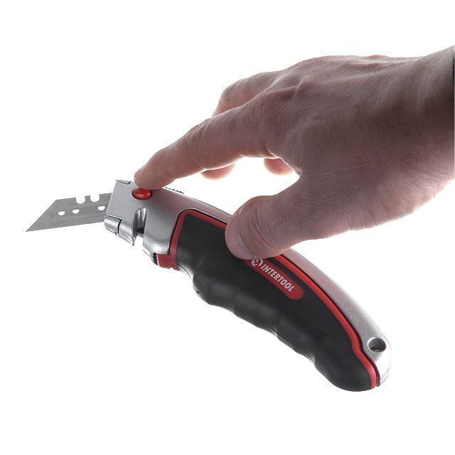 Нож трапецевидный 60*19мм, с выдвижным лезвием, металлический корпус, прорезиненная рукоятка INTERTOOL HT-0516