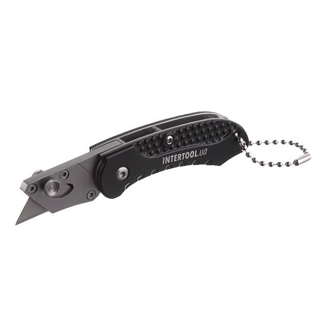 Нож складной мини трапецевидный 9 мм, SK5, алюминиевая рукоятка INTERTOOL HT-0532