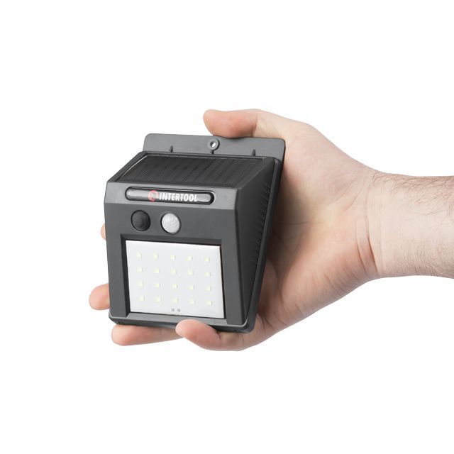 Светильник аккумуляторный настенный 20 SMD LED, уличный, солнечная панель, датчик движения INTERTOOL LB-0112
