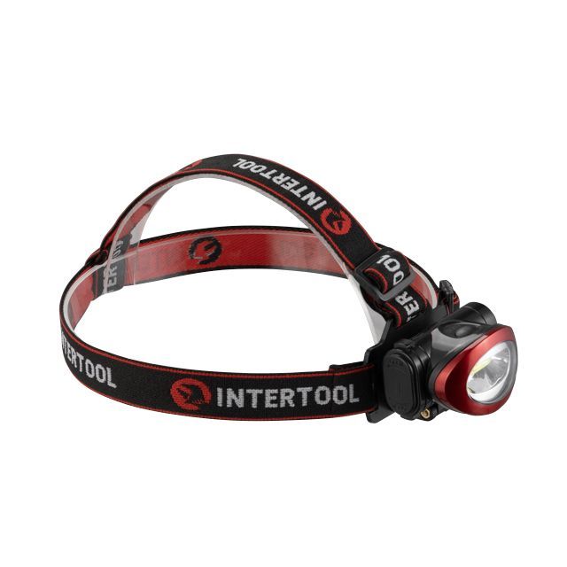 Фонарь налобный светодиодный, пылевлагозащищенный корпус, батарейки 3 ААА INTERTOOL LB-0304