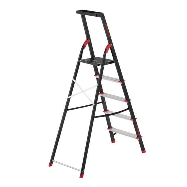 Стремянка 5 ступеней, лоток для инвентаря, стальной профиль, высота верхней ступени 1065мм, 457х890х1570мм, 150кг INTERTOOL LT-0055