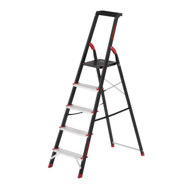 Стремянка 5 ступеней, лоток для инвентаря, стальной профиль, высота верхней ступени 1065мм, 457х890х1570мм, 150кг INTERTOOL LT-0055
