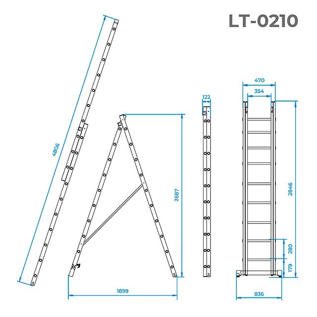 Лестница алюминиевая, 2-х секционная, универсальная, раскладная, 2*10 ступ., 4,8 м INTERTOOL LT-0210