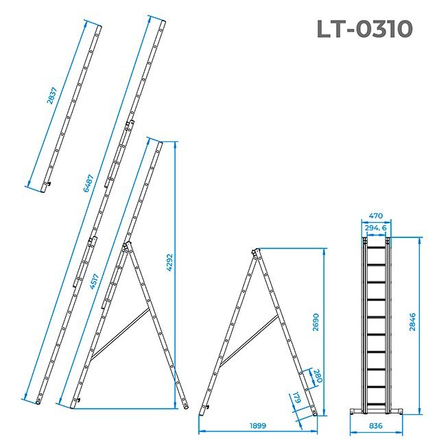 Лестница алюминиевая 3-х секционная универсальная раскладная 3*10 ступ. 6,77 м INTERTOOL LT-0310