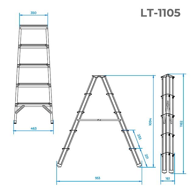 Стрім'янка алюмінієва, двостороння, 5 сходинок, висота - 1094 мм INTERTOOL LT-1105