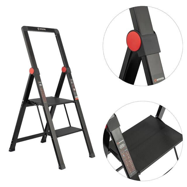 Стремянка алюминиевая "Black Slim", 2 ступени, высота верхней ступени 456 мм, 150 кг STORM INTERTOOL LT-5002