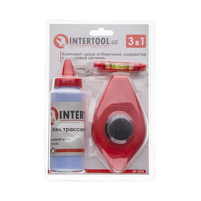 Комплект 3 в 1: шнур отбивочный, корректор 115 г и шнуровый уровень INTERTOOL MT-2505