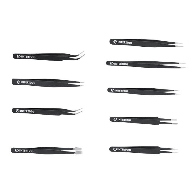 Набор пинцетов радиотехнических 9 ед., антистатические, в чехле INTERTOOL NT-6002